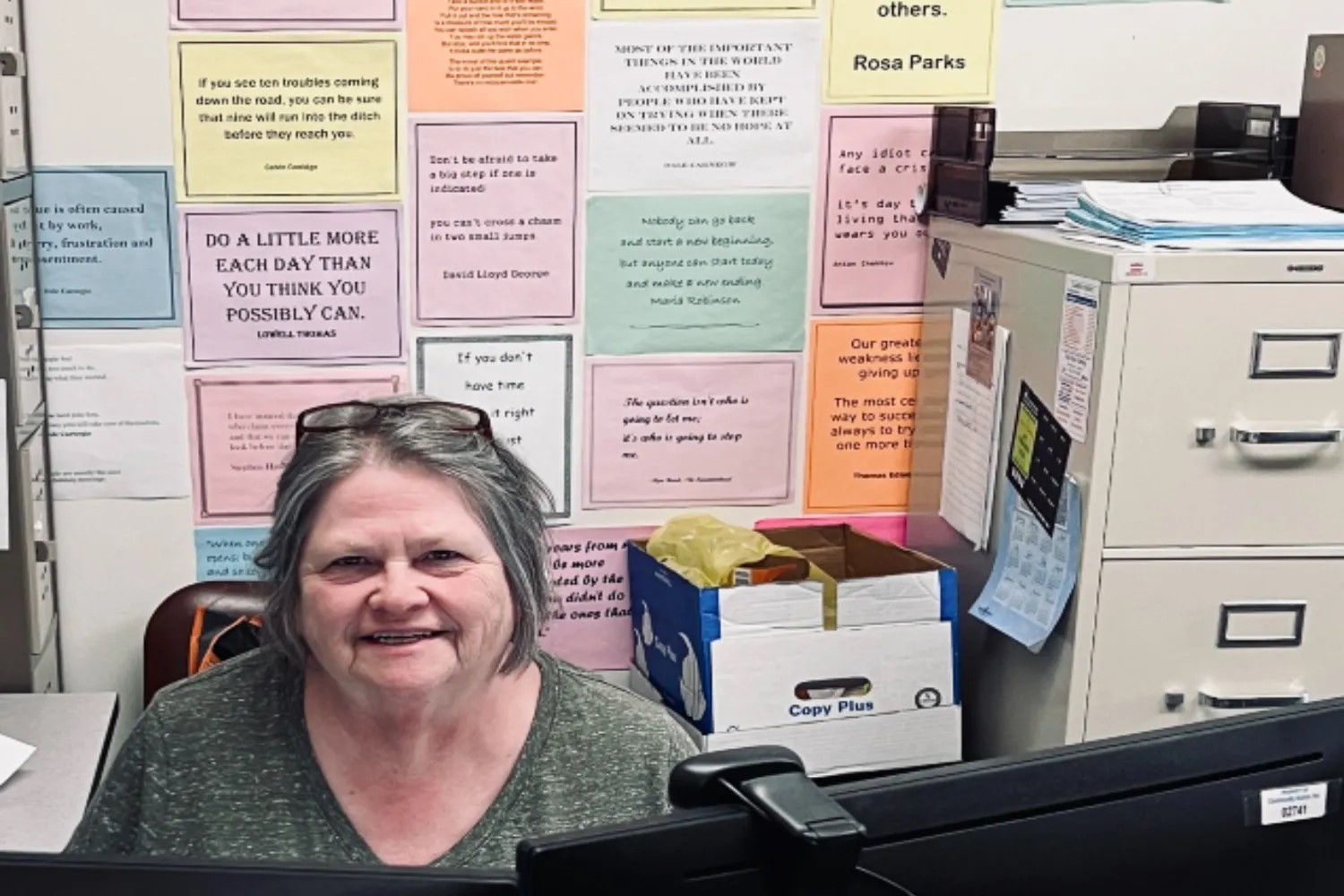 CLARION, Pa. (EYT) – Cheryl Shellhammer, AmeriCorps Seniors RSVP Director, is backed up with good advice in her office at the Clarion office of Community Action, Inc.  The first thing people see when they enter her office is a back wall covered with motivational quotes from a variety of authors, from Theodore Roosevelt to Walt Disney to John Lennon.